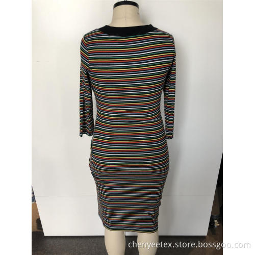 V-neck striped long knit dress